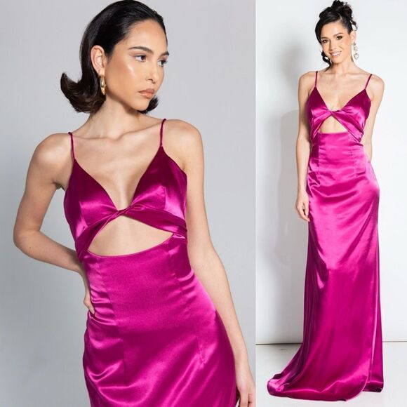 NWT Yaura Revolve Torera Satin Twist Cut Out Maxi Gown Dress Purple UK 12 US 8 - Picture 1 of 6